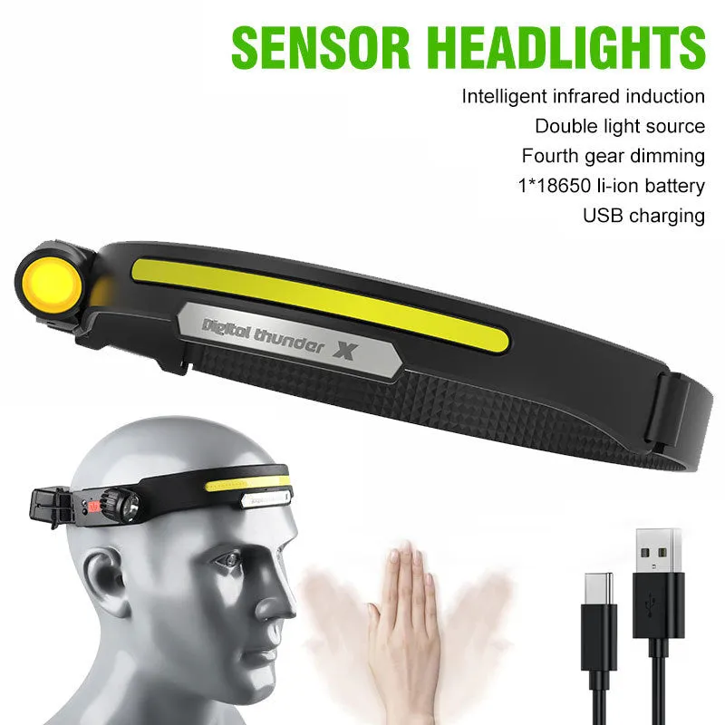 New 60000LM 230¡ã Wide angle Floodlight 3 Strip Lights COB Headlamp Induction Headlamp with Built-in Battery Flashlight Head Torch 4 Lighting Modes Head Light