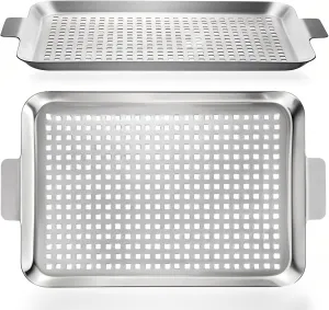 Nicunom 2 Pack BBQ Grill Topper Grilling Pans, Non-Stick Stainless Steel Grilling Tray with Holes, Barbecue Basket Outdoor Grill Accessories for Meat, Vegetables, Seafood, 10" x16.5"