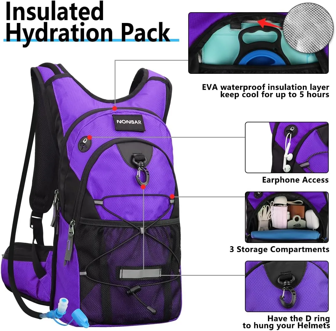NONSAR Hydration Backpack, Hiking Backpack with 3L Water Bladder, Insulated Water Backpack for Women, Men, Kids, Keep Liquids Cool Up to 5 Hours, Daypack for Hiking, Running, Climbing, Cycling