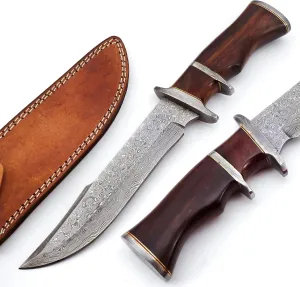 Nooraki 13" - Handmade Damascus Steel Fixed Blade Hunting Knife with Leather Sheath, Multipurpose Knife with Rosewood Handle for Everyday Carry, Outdoor Camping & Hunting Gift (RoseWood-2)