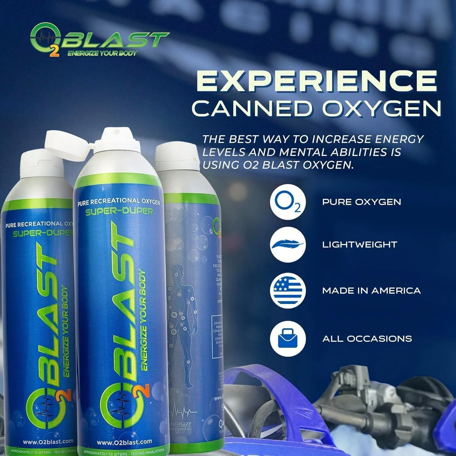 O2 Blast - Pure Oxygen Supplement - Filled with 99.99% Pure Oxygen to Support Fast Recovery, Increase Stamina & Enhanced Focus for High Altitude & Action Sports, 10L Portable Can Flip-Top Cap, 3-Pack