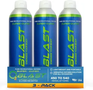 O2 Blast - Pure Oxygen Supplement - Filled with 99.99% Pure Oxygen to Support Fast Recovery, Increase Stamina & Enhanced Focus for High Altitude & Action Sports, 10L Portable Can Flip-Top Cap, 3-Pack