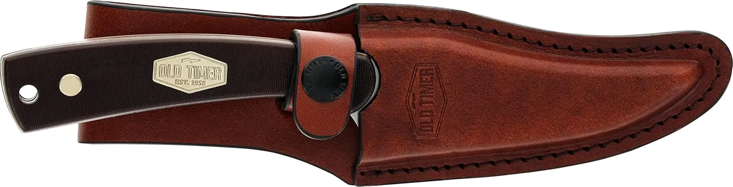 Old Timer 152OTL Large Sharpfinger 8.6in S.S. Full Tang Fixed Blade Knife with 4in Clip Point Skinner Blade, Sawcut Handle, and Leather Sheath for Hunting, Camping, Field Dressing, EDC, and Outdoors