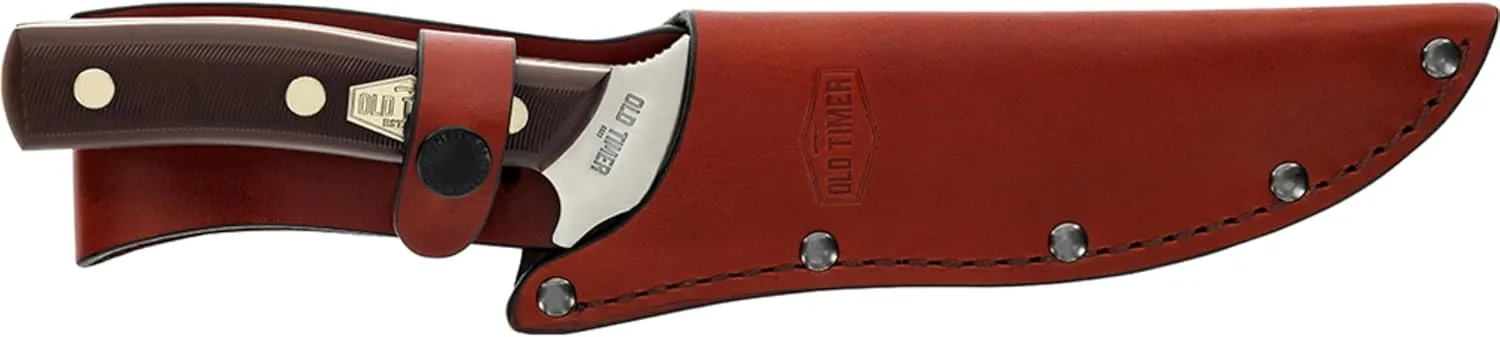 Old Timer 15OT Deerslayer 10.5in High Carbon S.S. Full Tang Fixed Blade Knife with 5.6in Clip Point Blade, Black Sawcut Handle, and Leather Belt Sheath for Hunting, Camping, Skinning, EDC, and Outdoor