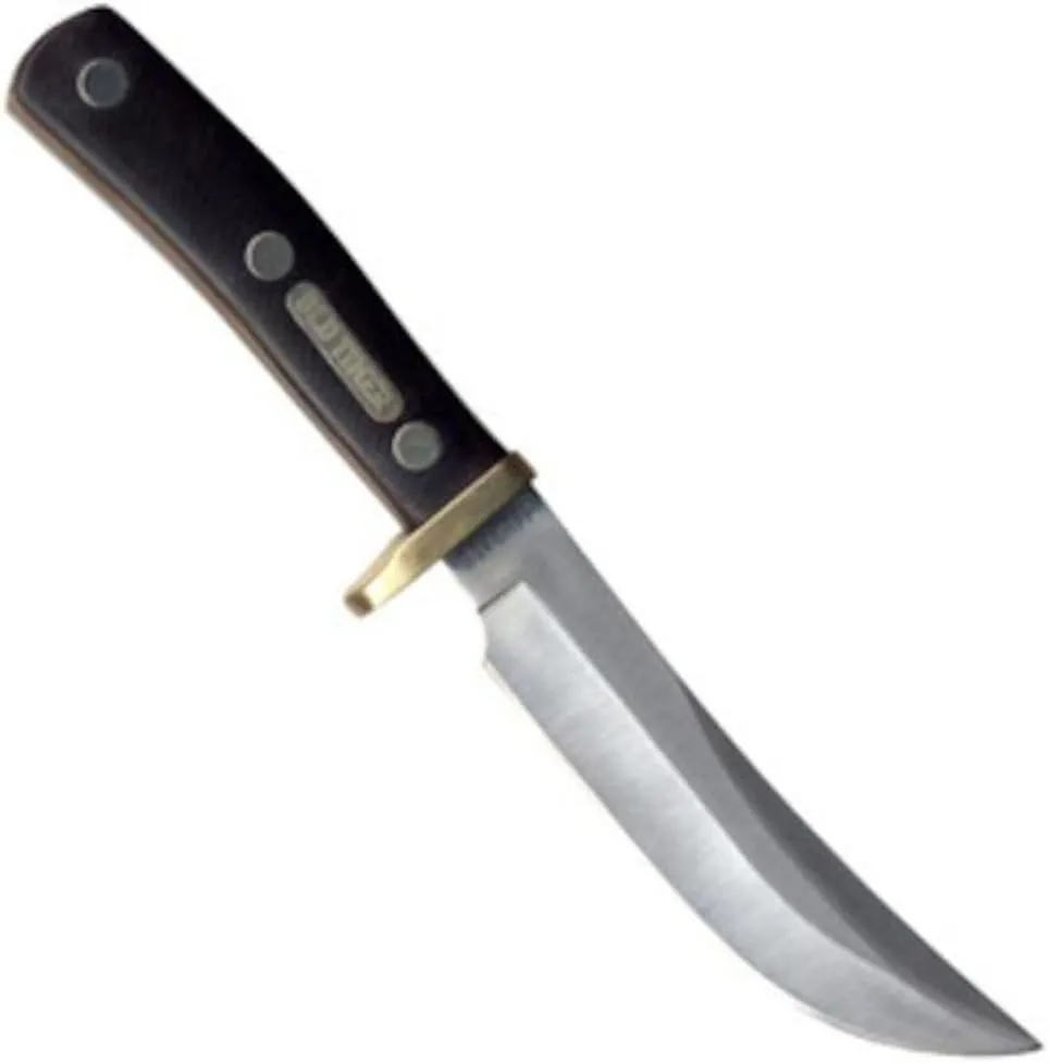 Old Timer 165OT Woodsman 9.3in High Carbon Stainless Steel Fixed Blade Knife with 5in Clip Point Blade, Black Sawcut Handle, and Leather Belt Sheath for Hunting, Camping, Skinning, EDC, and Outdoors