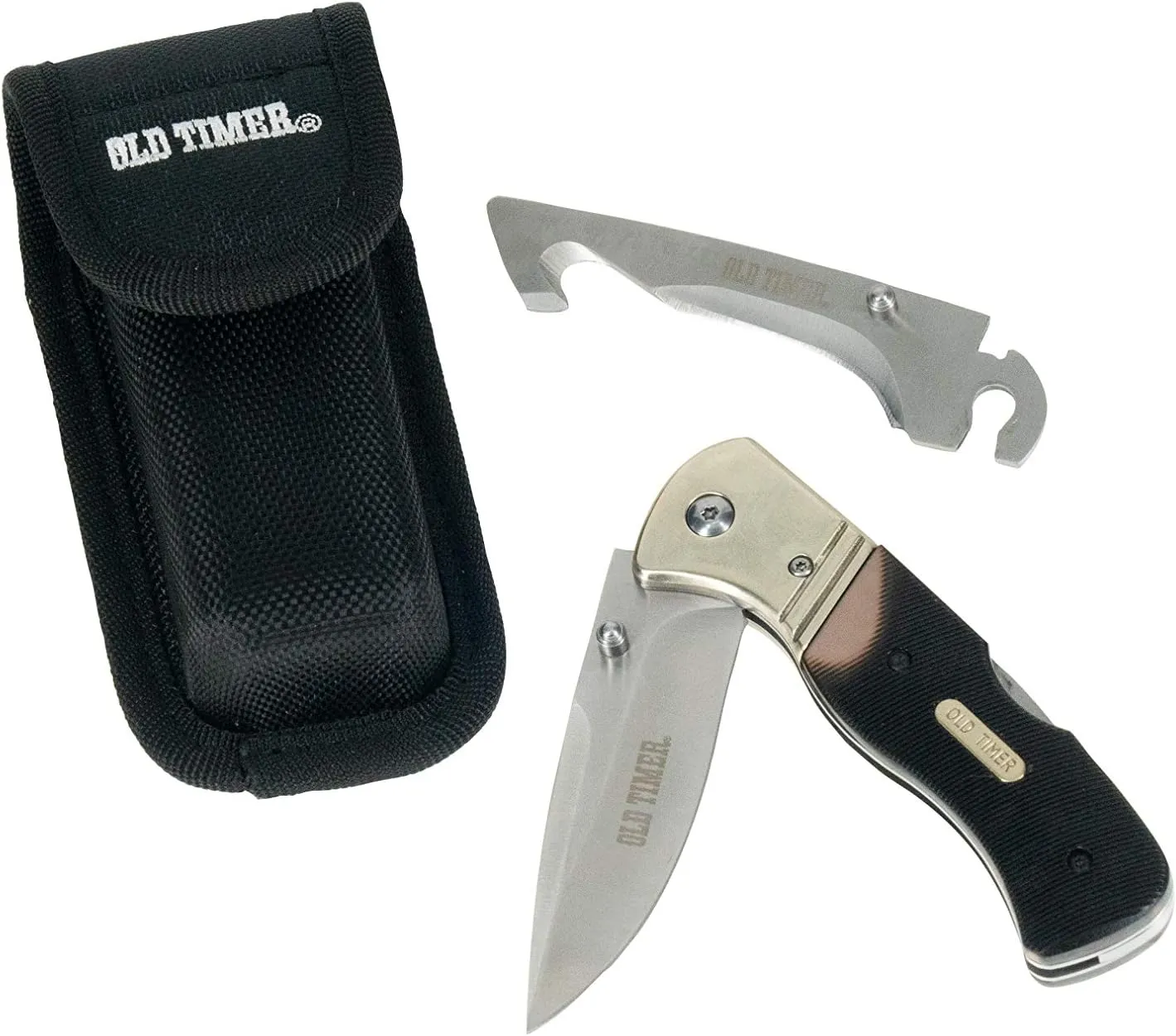 Old Timer 7.7in Switch-It Knife with 3.3in Drop Point and Gut Hook Blades and Sawcut Handle for Outdoor, Hunting and Camping , Black
