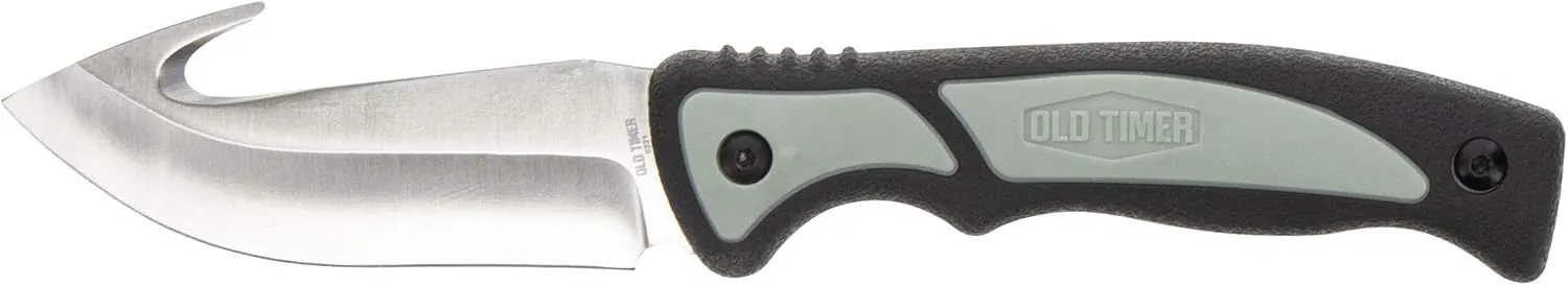 Old Timer Trail Boss 9in Fixed Blade Gut Hook Knife with High Carbon Stainless Steel Blade, TPE Grip Handle, and Custom Molded Sheath for Hunting, Field Dressing, Skinning, Gutting, and Outdoors