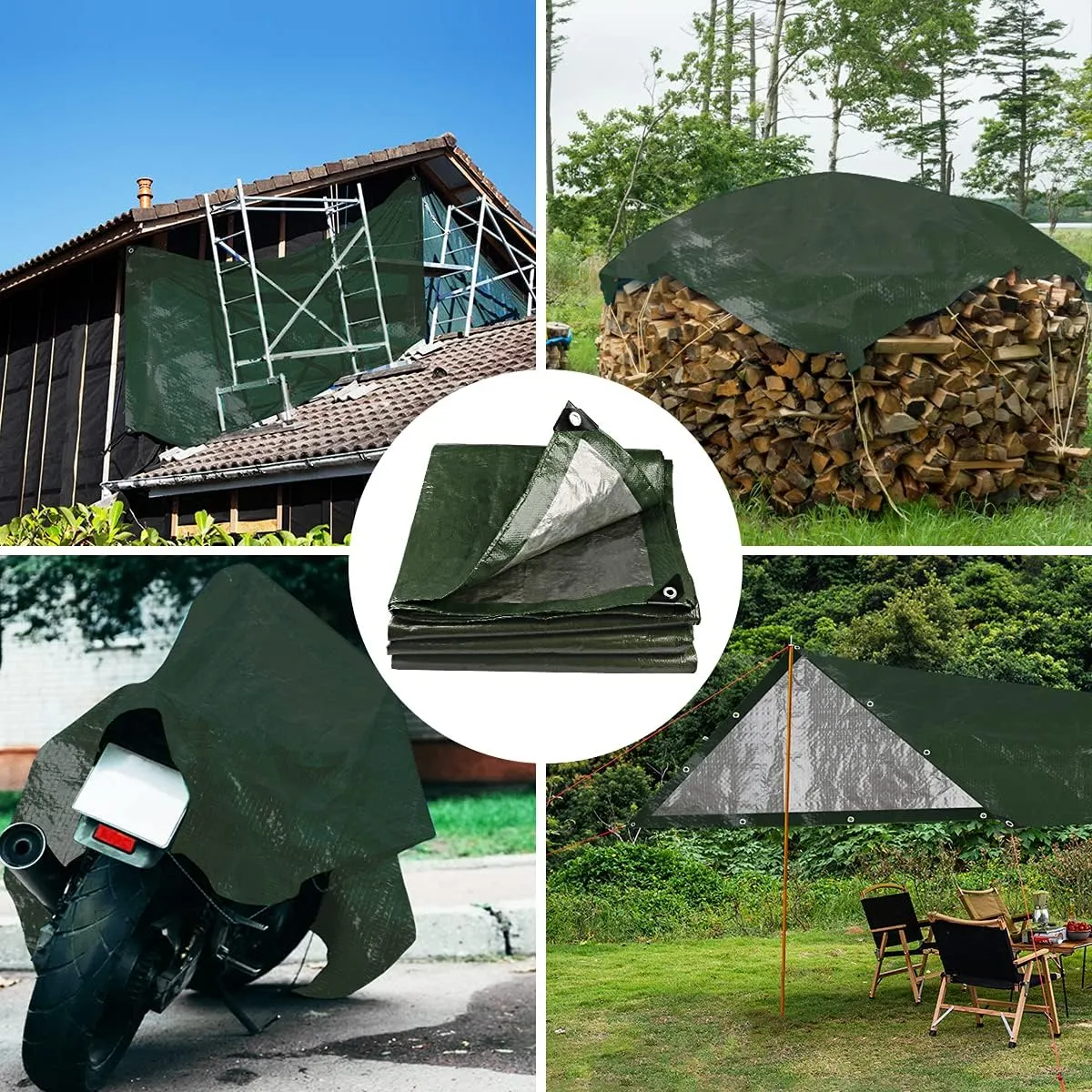 Onarway Poly Tarps Waterproof for Outdoor: Green Tarpaulin 6Mil Thicken 6x12 Ft 2Packs- Anti-UV Waterproof Tarp Cover with Grommets Multipurpose for Boat Pool Roof Camping