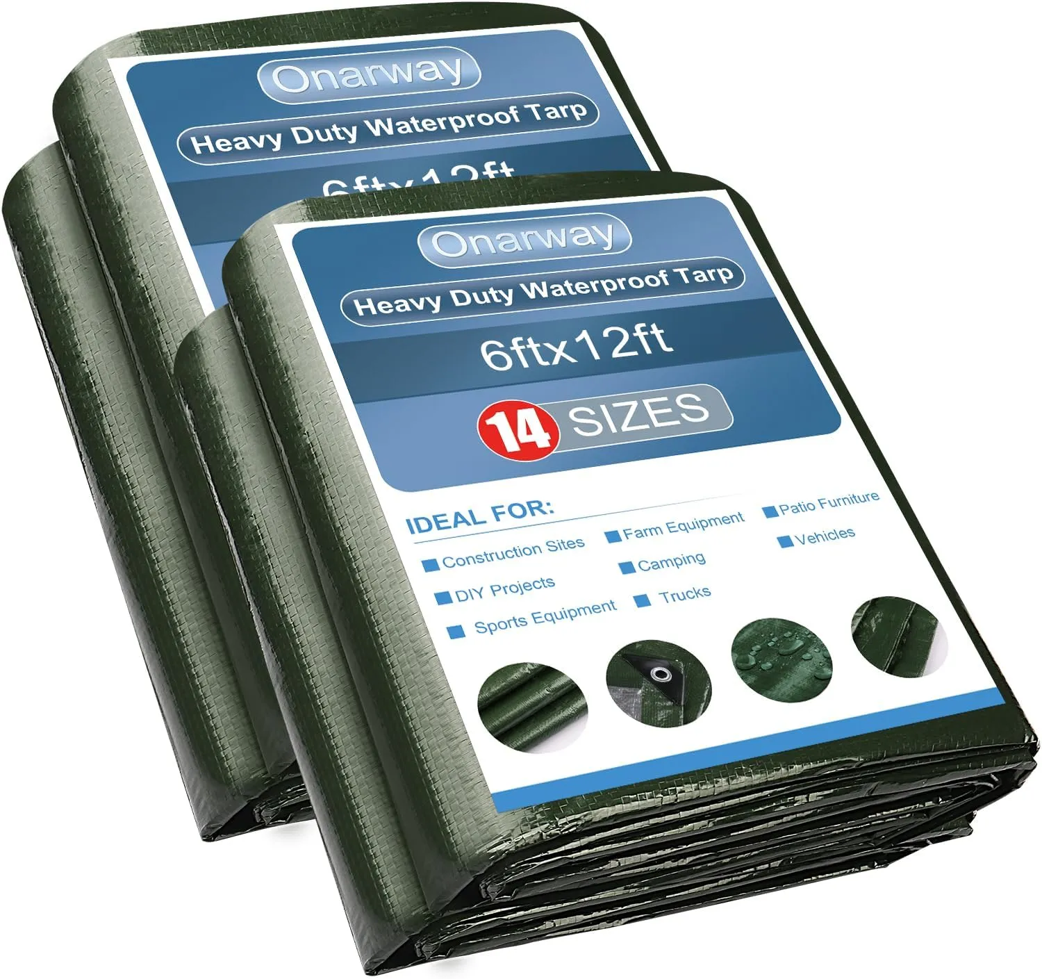 Onarway Poly Tarps Waterproof for Outdoor: Green Tarpaulin 6Mil Thicken 6x12 Ft 2Packs- Anti-UV Waterproof Tarp Cover with Grommets Multipurpose for Boat Pool Roof Camping