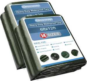 Onarway Poly Tarps Waterproof for Outdoor: Green Tarpaulin 6Mil Thicken 6x12 Ft 2Packs- Anti-UV Waterproof Tarp Cover with Grommets Multipurpose for Boat Pool Roof Camping