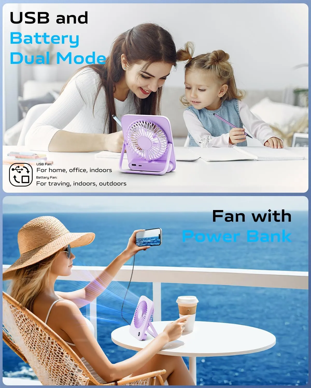Otlonpe Small Desk Fan 6.5 Inch, 4000mAh Rechargeable Portable Fan for Travel, Slim Quiet, 7.5-22H Battery Operated, Power Bank, 4-Speed, 180° Folding, Personal Cooling for Indoor Outdoor Desktop