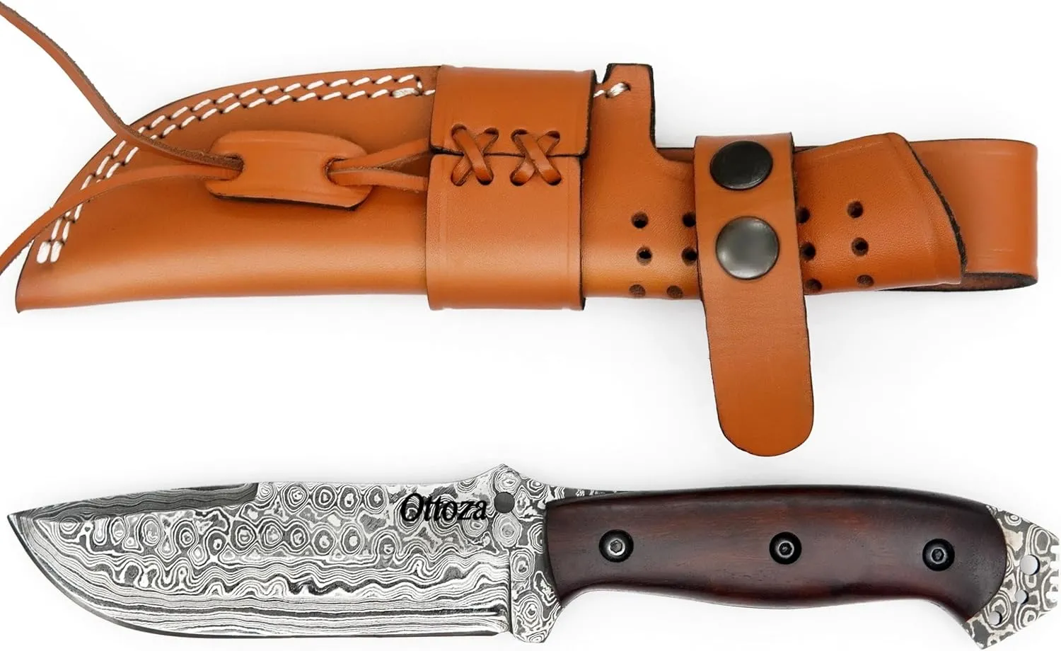 Ottoza Damascus Hunting Knife with Sheath & Wood Handle - Outdoor Knife Survival Knife Bushcraft Knife Camping Knife - Damascus Knife - Damascus Steel Fixed Blade Hunting Knives for Men Vertical Carry Knife Sheath 326