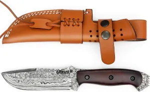 Ottoza Damascus Hunting Knife with Sheath & Wood Handle - Outdoor Knife Survival Knife Bushcraft Knife Camping Knife - Damascus Knife - Damascus Steel Fixed Blade Hunting Knives for Men Vertical Carry Knife Sheath 326