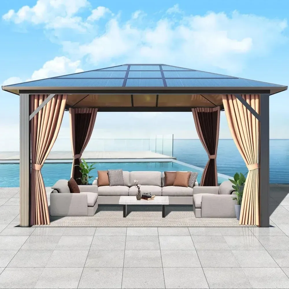 Outdoor Hardtop Gazebo with Double Roof - Aluminum Heavy-Duty Galvanized Steel Top Gazebo with  Netting & Curtain