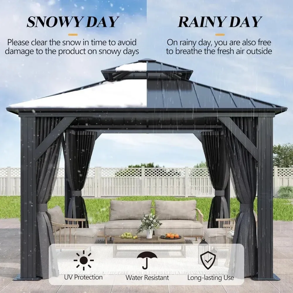 Outdoor Hardtop Gazebo with Double Roof - Aluminum Heavy-Duty Galvanized Steel Top Gazebo with  Netting & Curtain