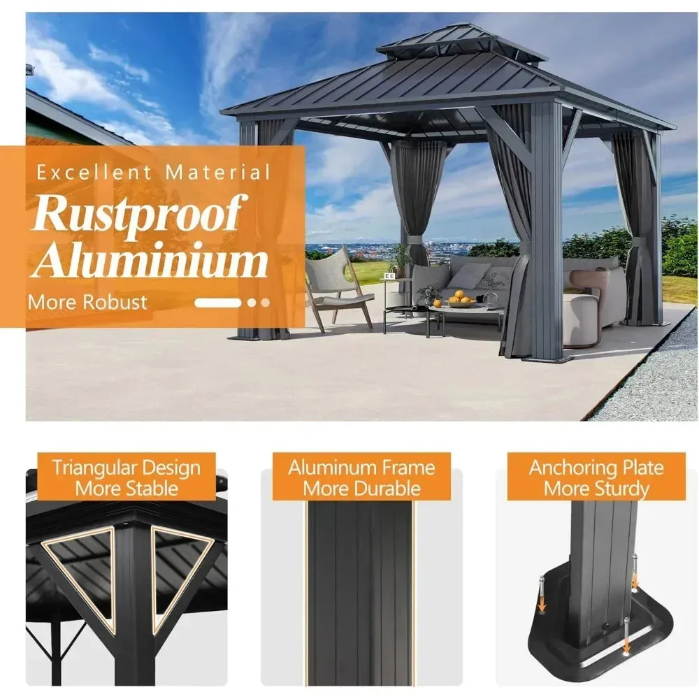 Outdoor Hardtop Gazebo with Double Roof - Aluminum Heavy-Duty Galvanized Steel Top Gazebo with  Netting & Curtain
