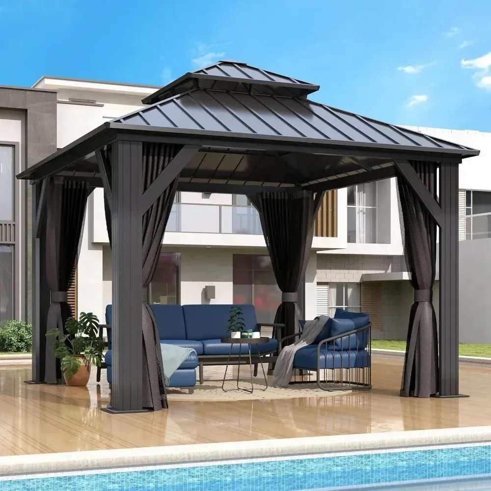 Outdoor Hardtop Gazebo with Double Roof - Aluminum Heavy-Duty Galvanized Steel Top Gazebo with  Netting & Curtain