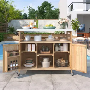 Outdoor Kitchen Island,Rolling Bar Cart & Storage Cabinet,Solid Wood Grill Table with Stainless Steel Top and Internal Storage Racks,for Patio Kitchen & Barbecue (Natural@Grill Table)
