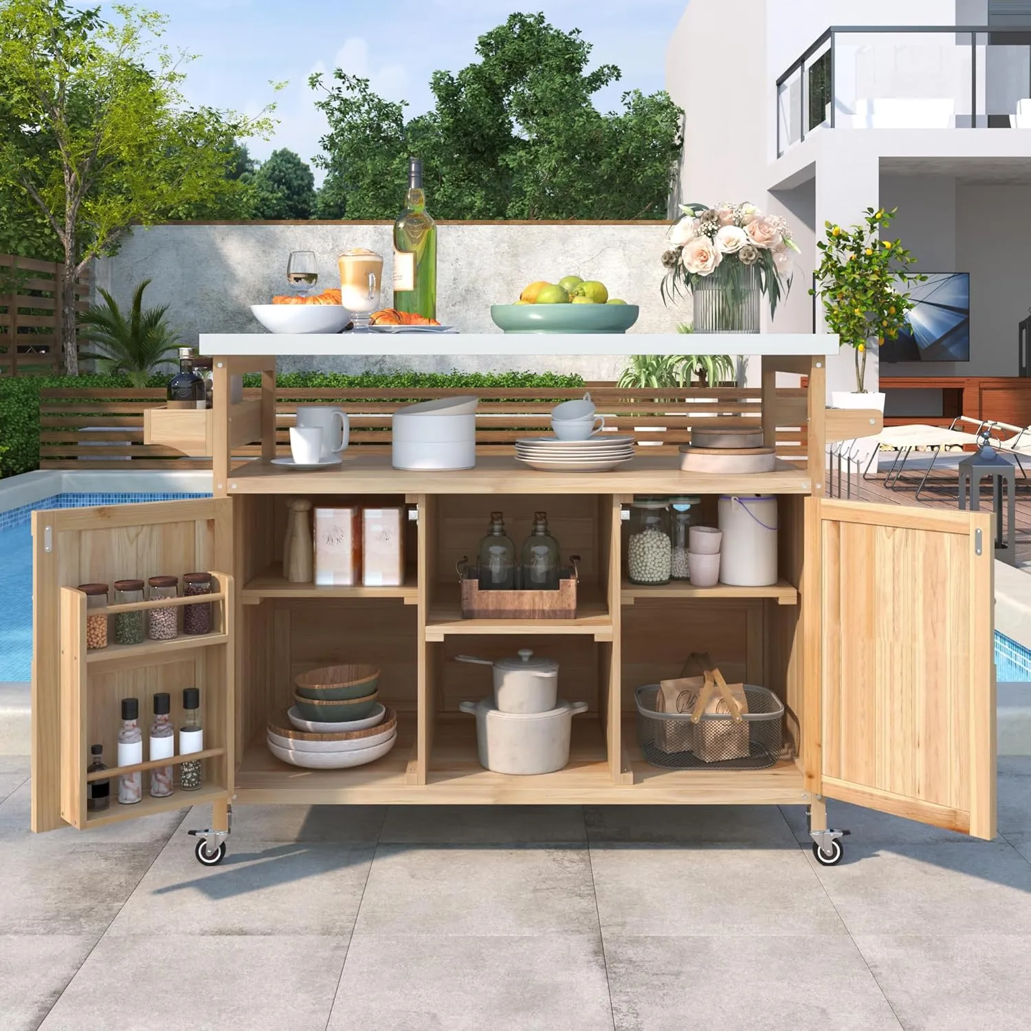 Outdoor Kitchen Island,Rolling Bar Cart & Storage Cabinet,Solid Wood Grill Table with Stainless Steel Top and Internal Storage Racks,for Patio Kitchen & Barbecue (Natural@Grill Table)