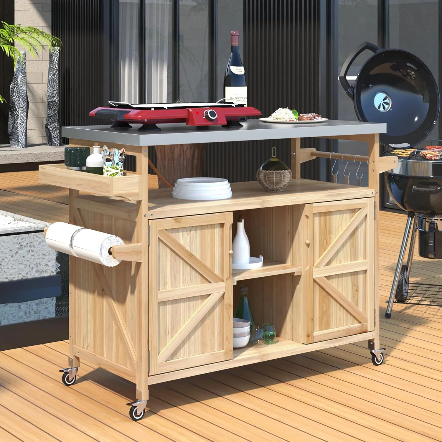 Outdoor Kitchen Island,Rolling Bar Cart & Storage Cabinet,Solid Wood Grill Table with Stainless Steel Top and Internal Storage Racks,for Patio Kitchen & Barbecue (Natural@Grill Table)