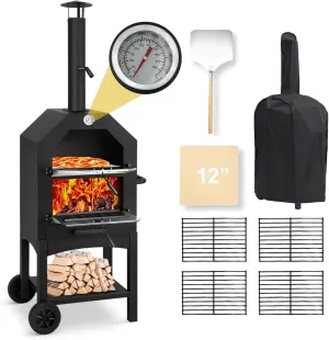 Outdoor Pizza Oven - Wood-Fired Pizza Oven with Pizza Stone, Peel, Grill Grate & Cover – Patio Pizza Maker Perfect for Backyard BBQs, Camping