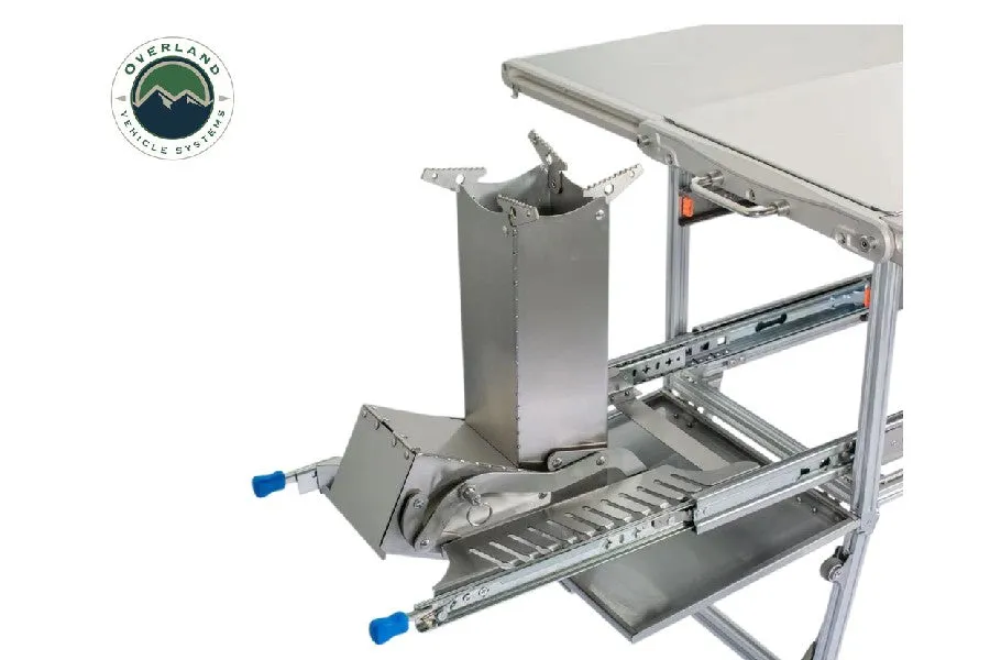 Overland Vehicle Systems Komodo Camp Kitchen -  Dual Grill, Skillet, Folding Shelves,  and Rocket Tower - Stainless Steel