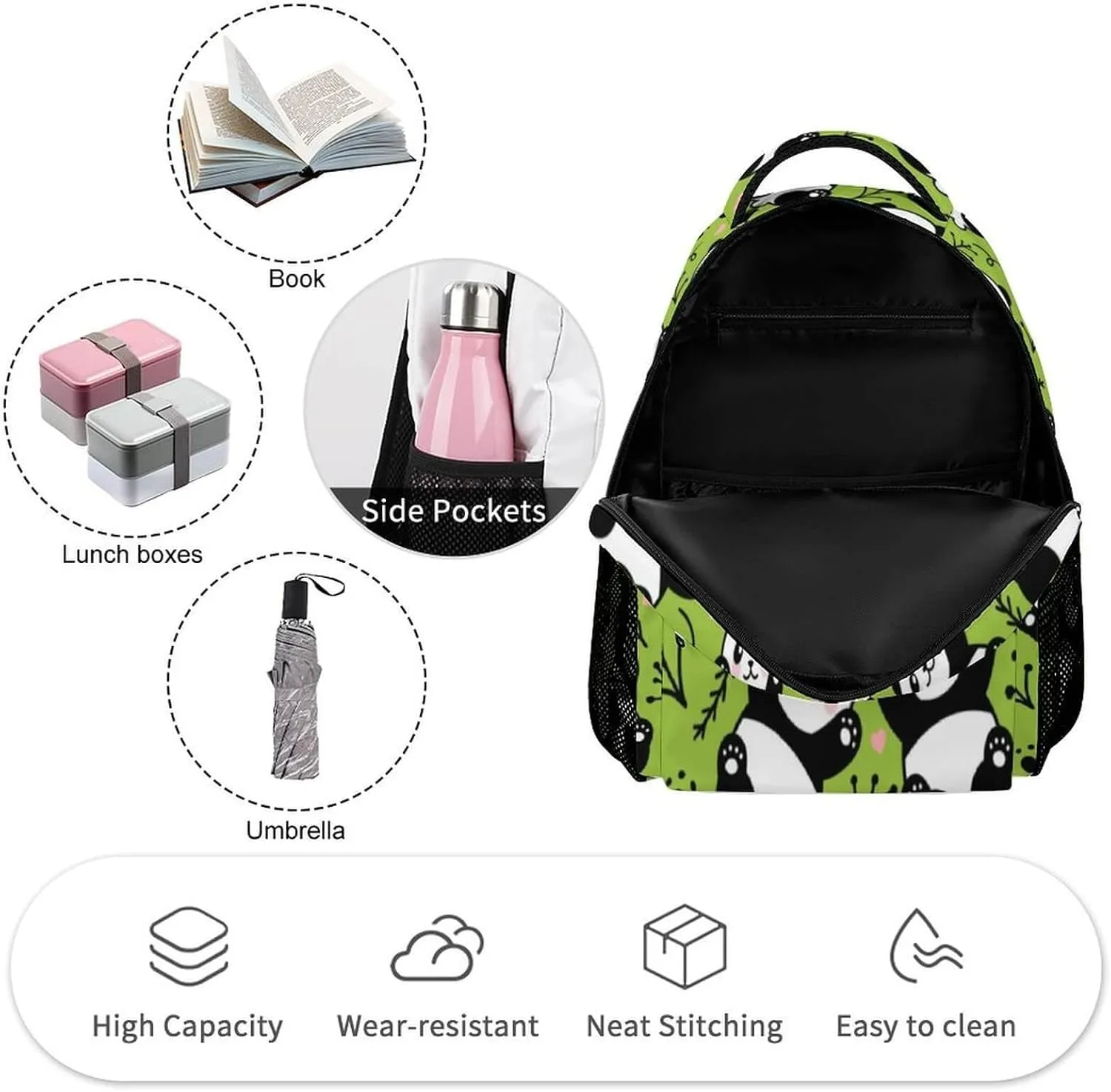 Panda School Backpack for Kids Girls Boys, 16 Inch Cute Pandas Themed Bookbag, Personalized School Backpack for Students Children, Lightweight, Large Capacity