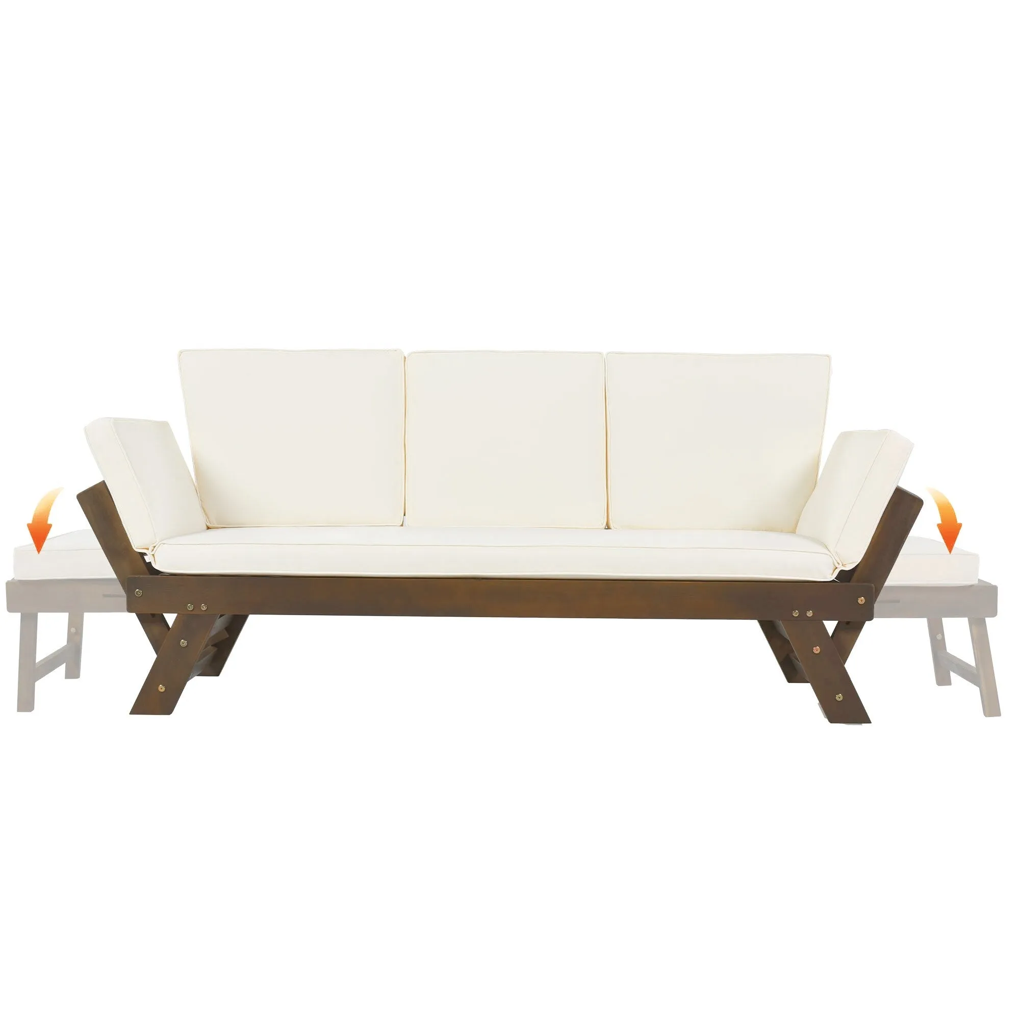 Patio Loveseat Sofa Wooden Daybed Chaise Lounge with Fold Arms