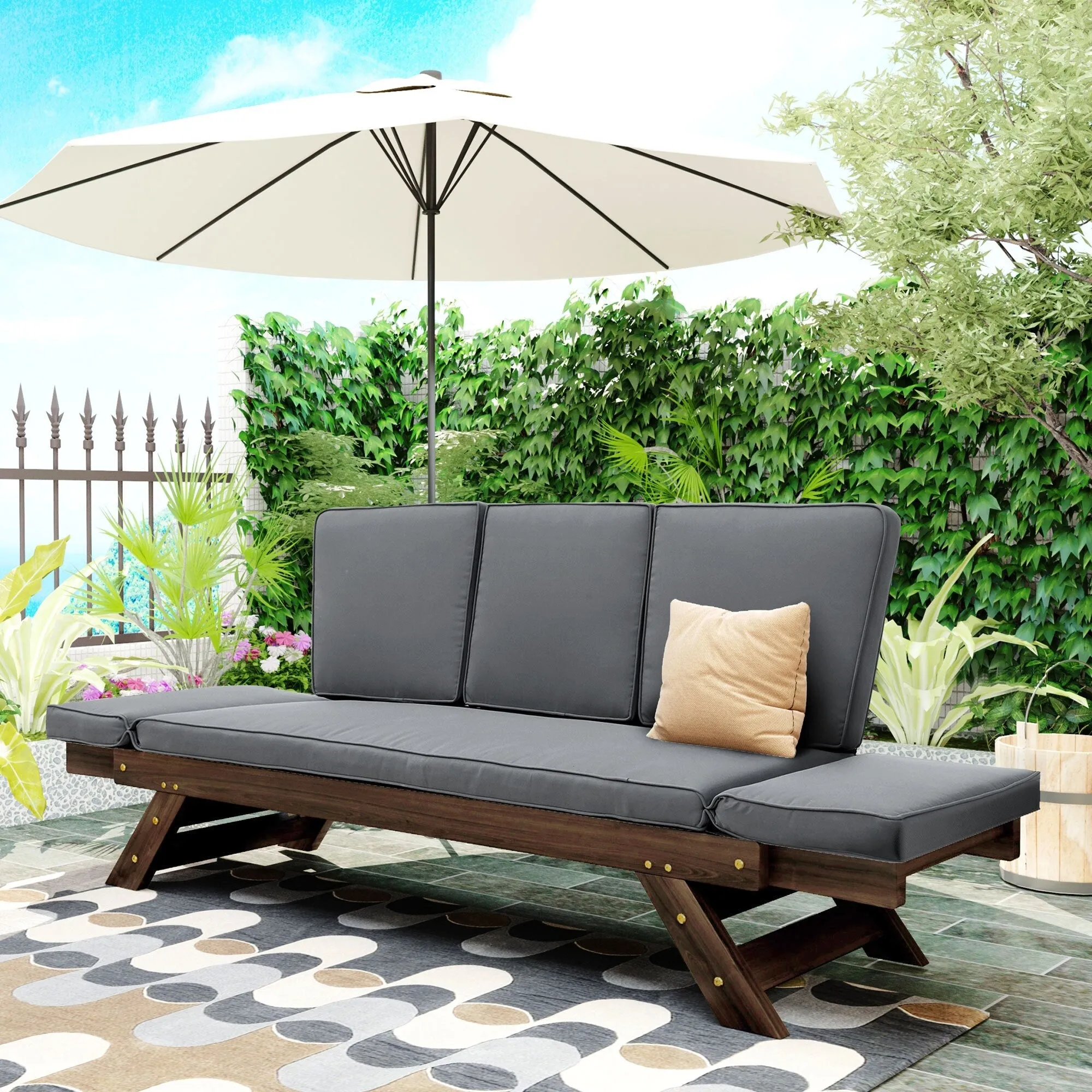 Patio Loveseat Sofa Wooden Daybed Chaise Lounge with Fold Arms