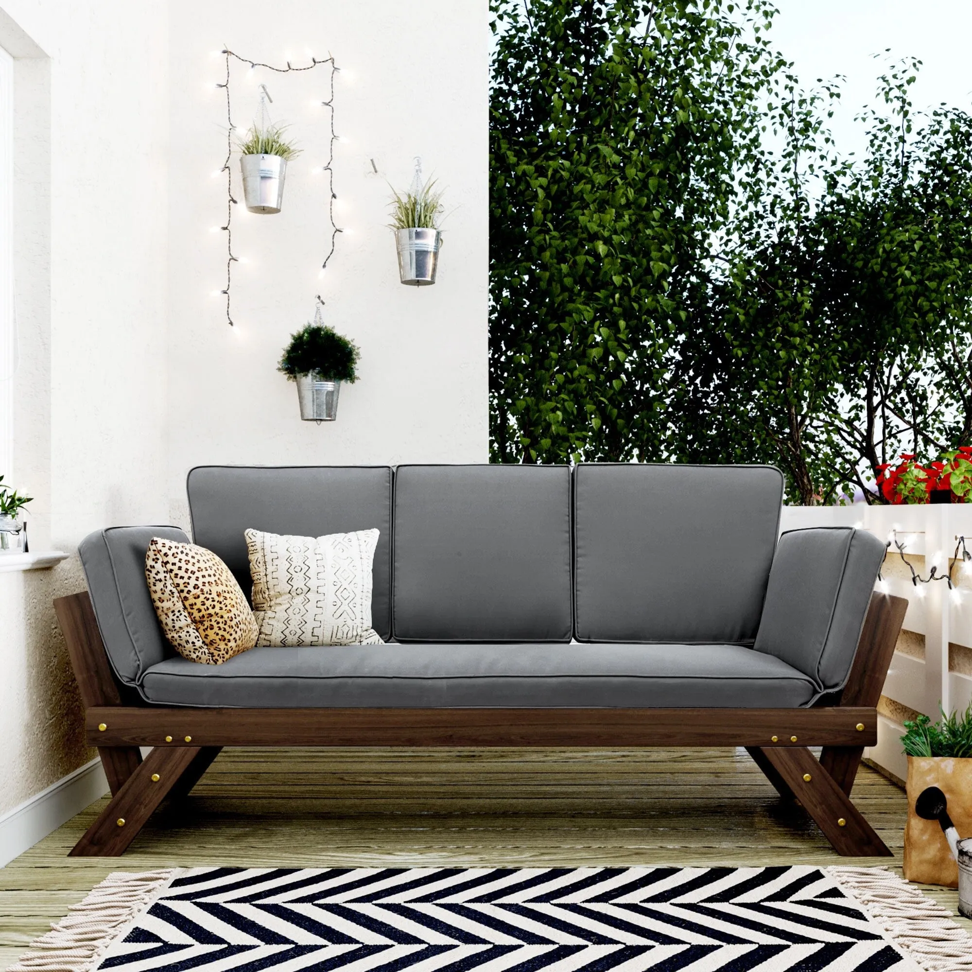 Patio Loveseat Sofa Wooden Daybed Chaise Lounge with Fold Arms