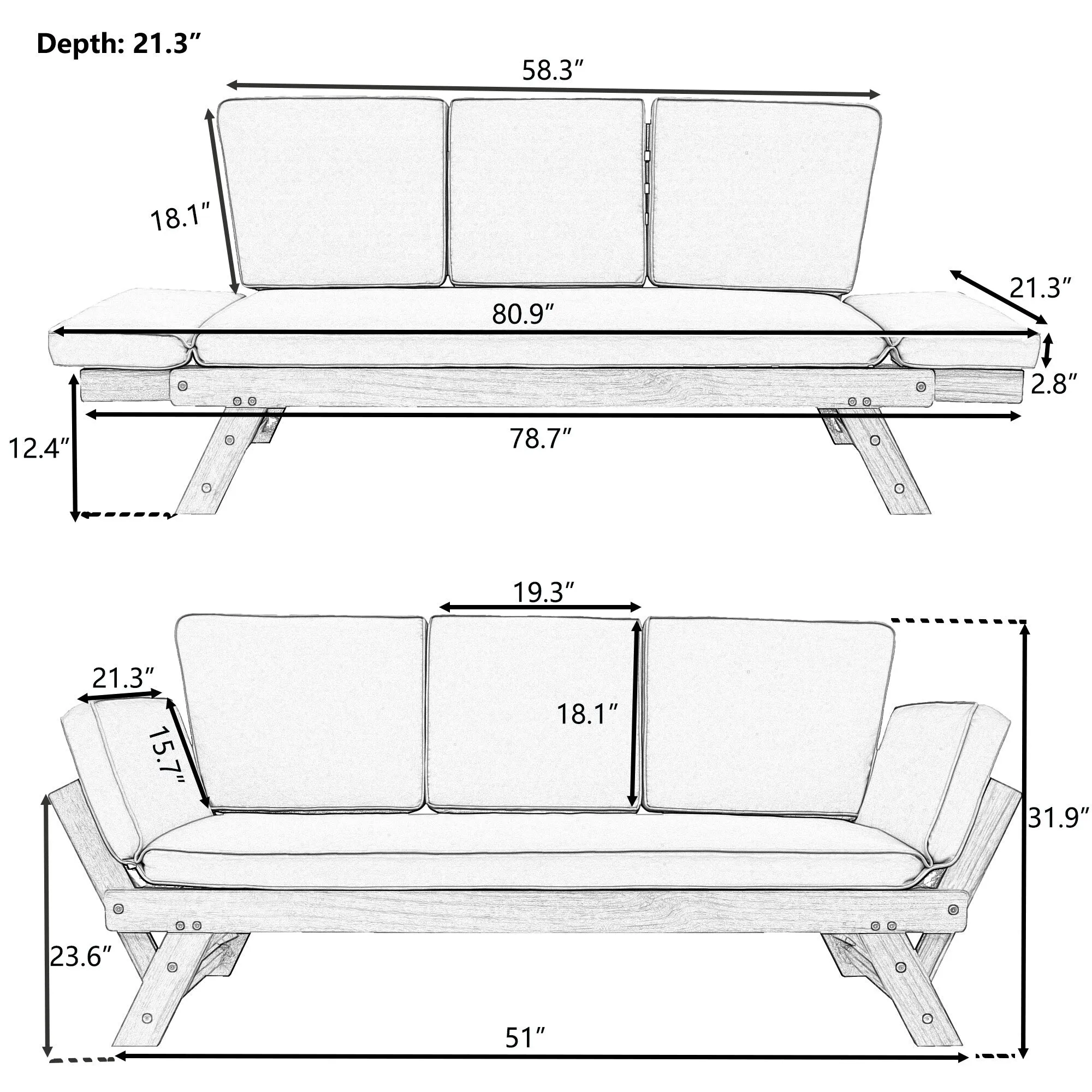 Patio Loveseat Sofa Wooden Daybed Chaise Lounge with Fold Arms