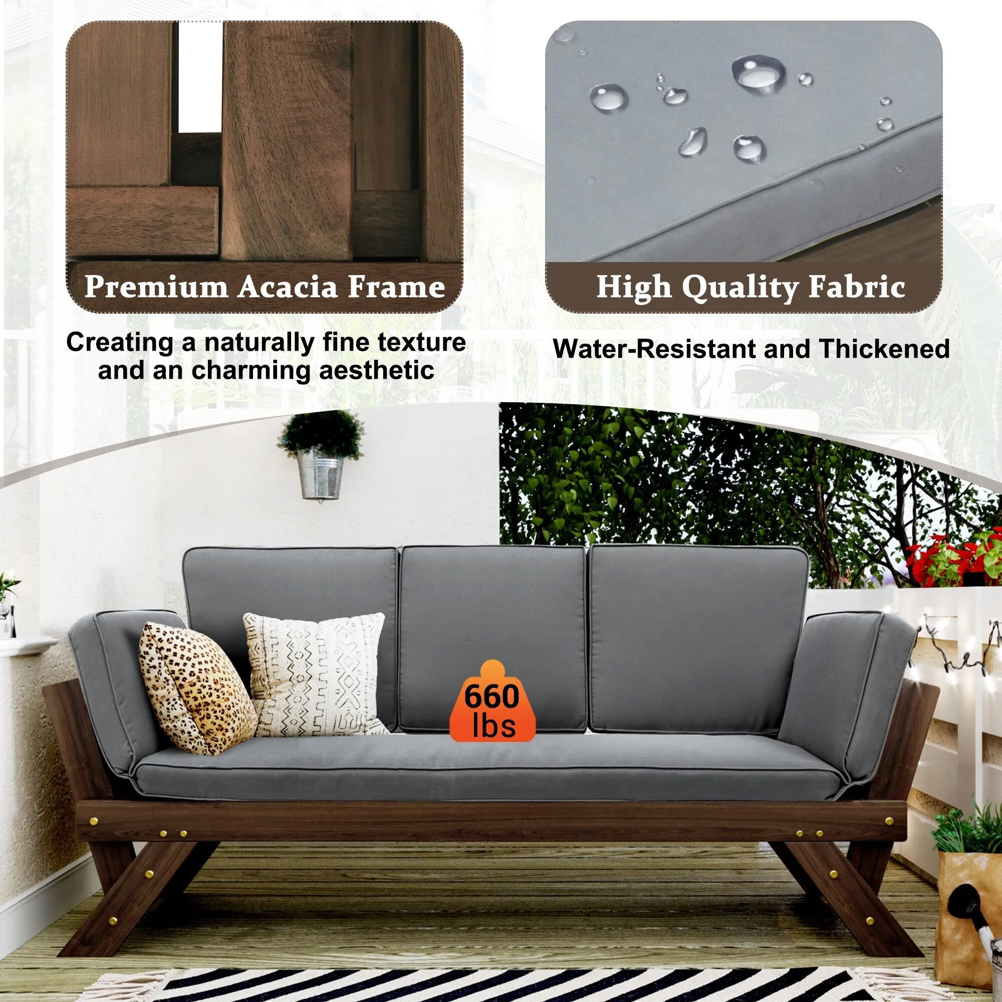 Patio Loveseat Sofa Wooden Daybed Chaise Lounge with Fold Arms