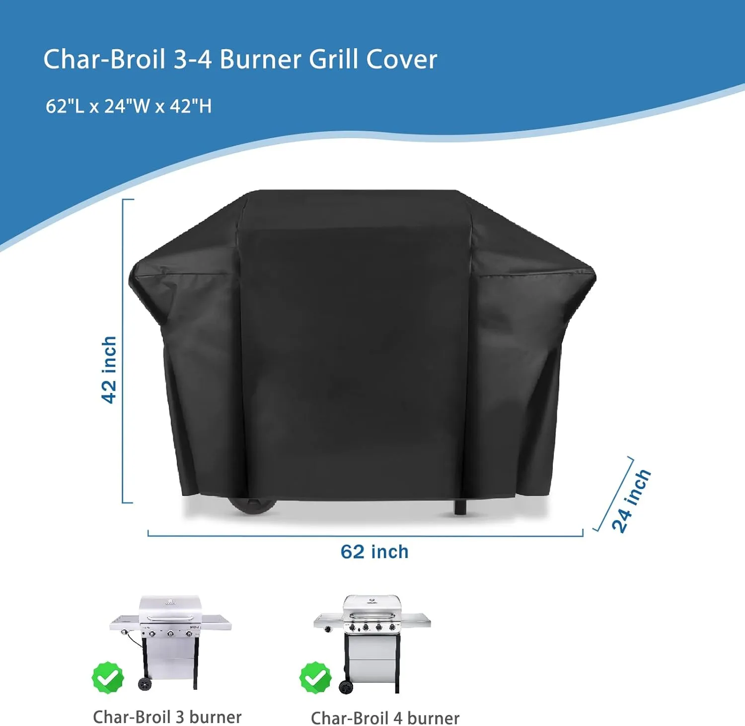 Performance Cover for Char-Broil 3-4 Burner Gas Grill, 62 Inch Outdoor Heavy Duty Waterproof Barbecue Gas Cover for Charbroil and Smokers Up to 62 Inches Wide