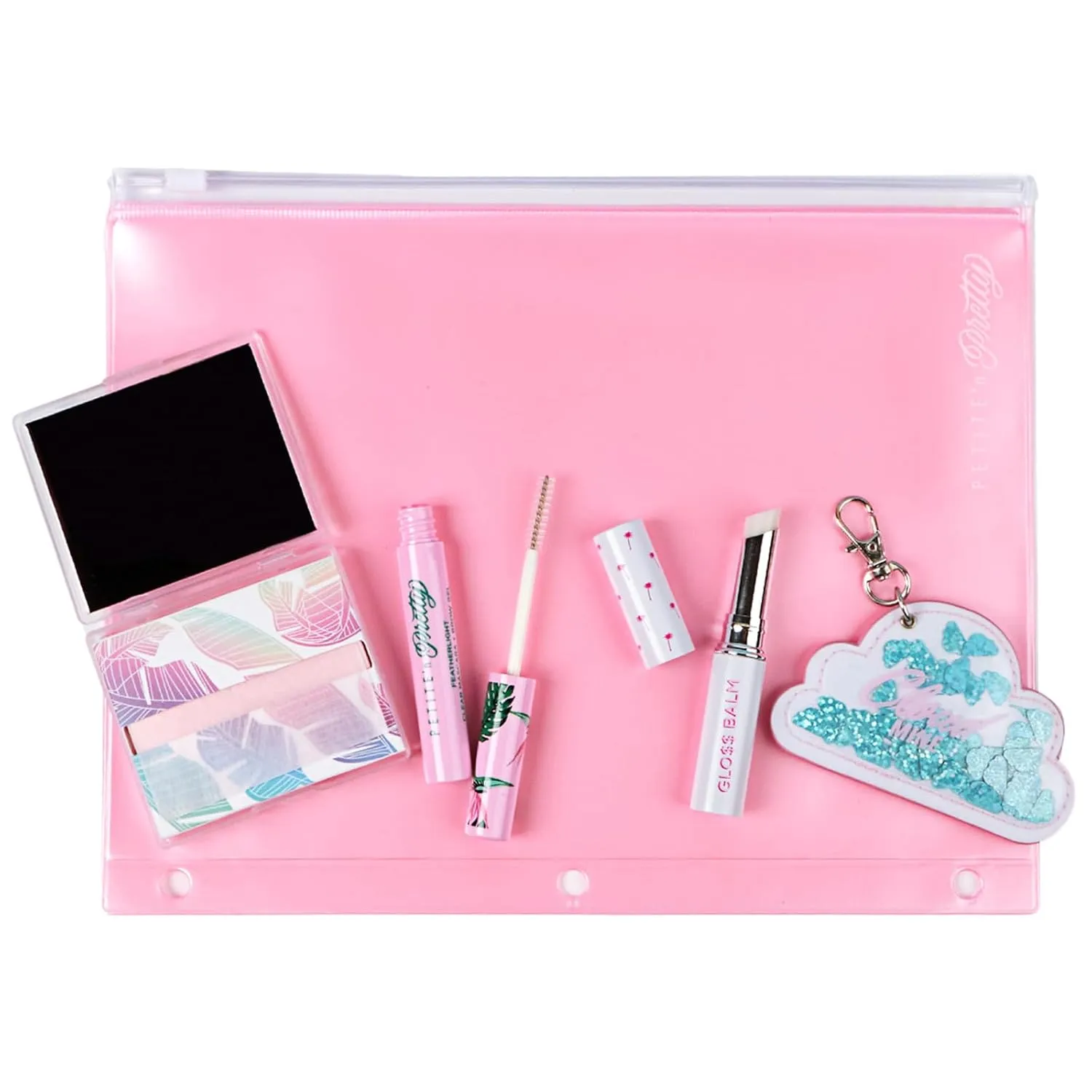 Petite 'n Pretty New Makeup Set - Featherlight Clear Mascara & Brow Gel, Glo
 Balm, Cloud Mine Backpack, Biodegradable Blotting Sheets   Makeup Bag for Kids, Tweens and Teens