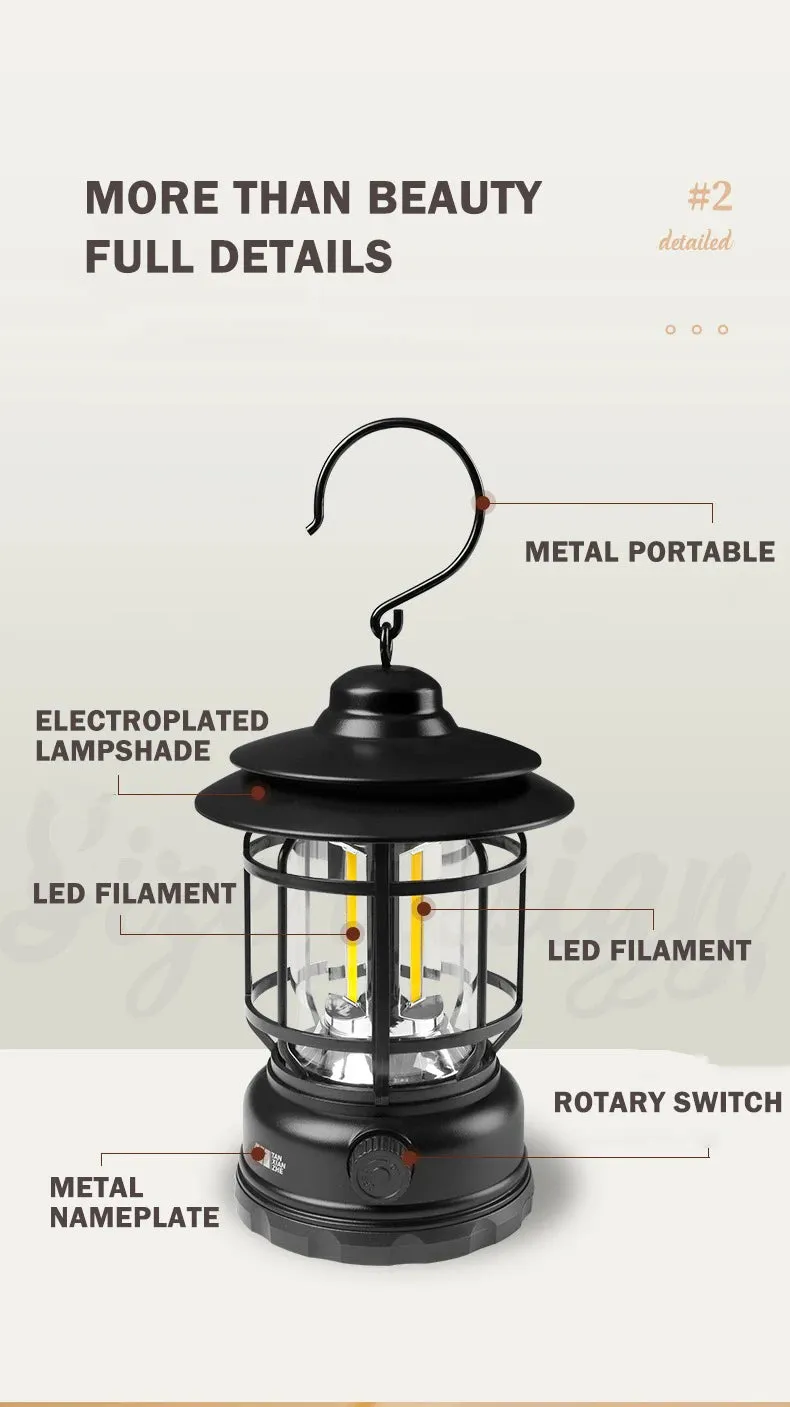 Petite Retro Camping Lantern - Type-C Charging, Waterproof Tent Lamp