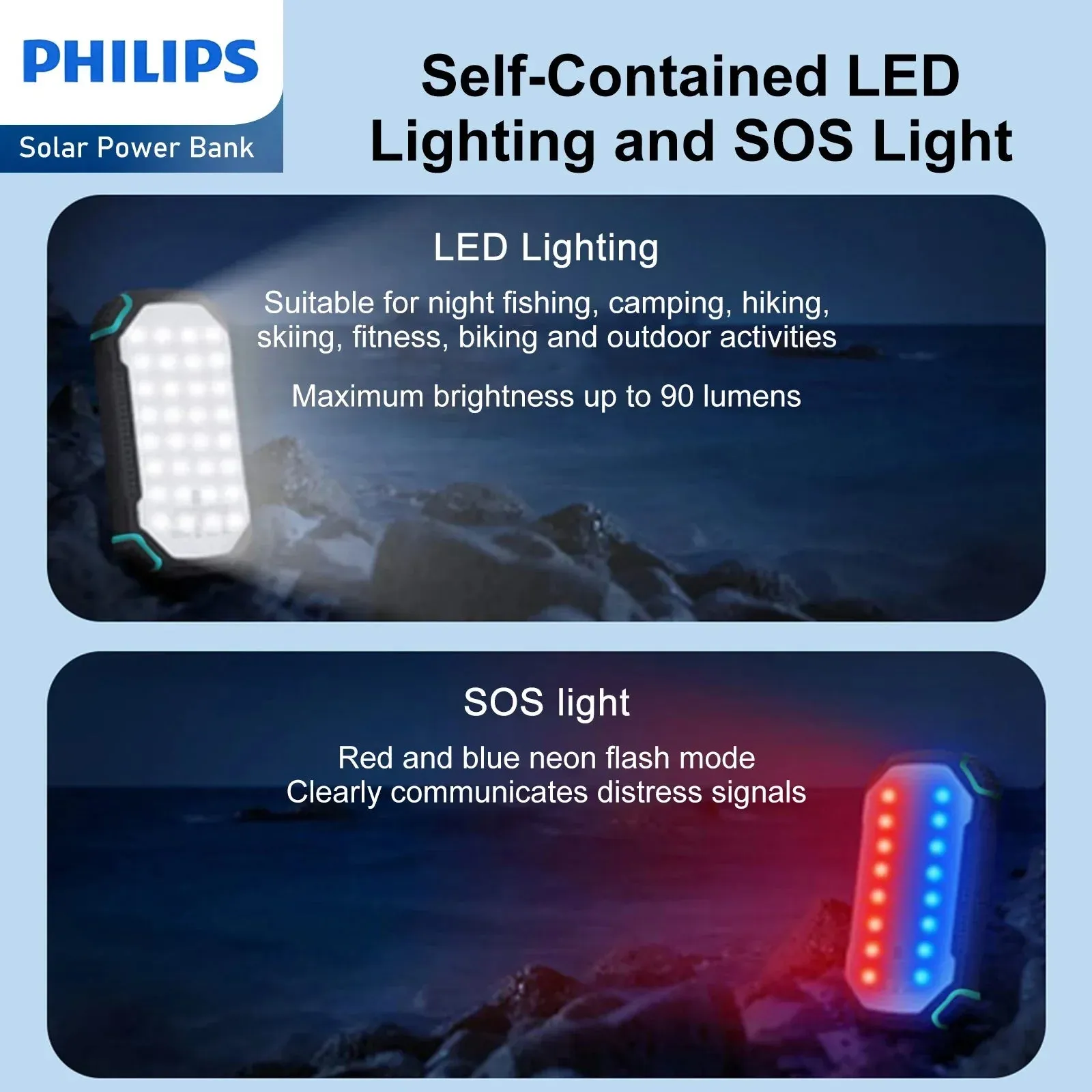 Philips 10000mAh Portable Solar Power Bank Supports Fast Charging Of Multiple Devices DLP7725N