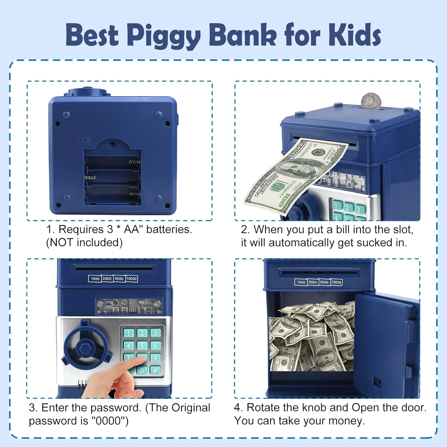Piggy Bank Electronic Mini ATM for Kids,Money Safe Box Cash Coin Can Password Code Lock for Kids-Hot Gift,Best Present for Children Boys Girls (Blue)