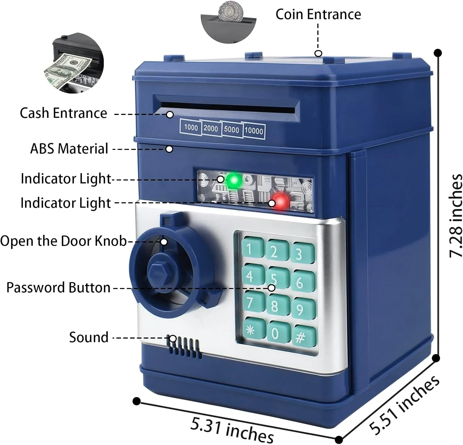Piggy Bank Electronic Mini ATM for Kids,Money Safe Box Cash Coin Can Password Code Lock for Kids-Hot Gift,Best Present for Children Boys Girls (Blue)