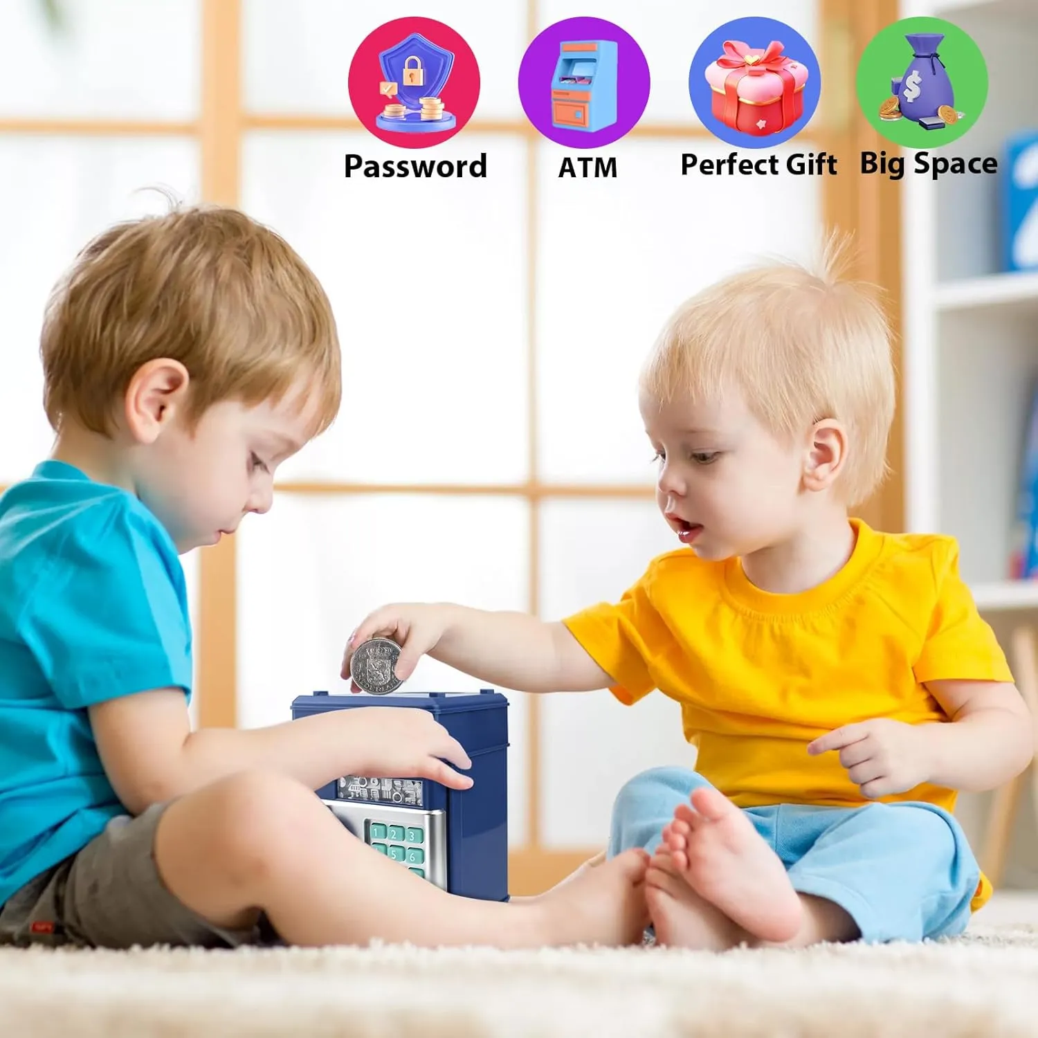 Piggy Bank Electronic Mini ATM for Kids,Money Safe Box Cash Coin Can Password Code Lock for Kids-Hot Gift,Best Present for Children Boys Girls (Blue)