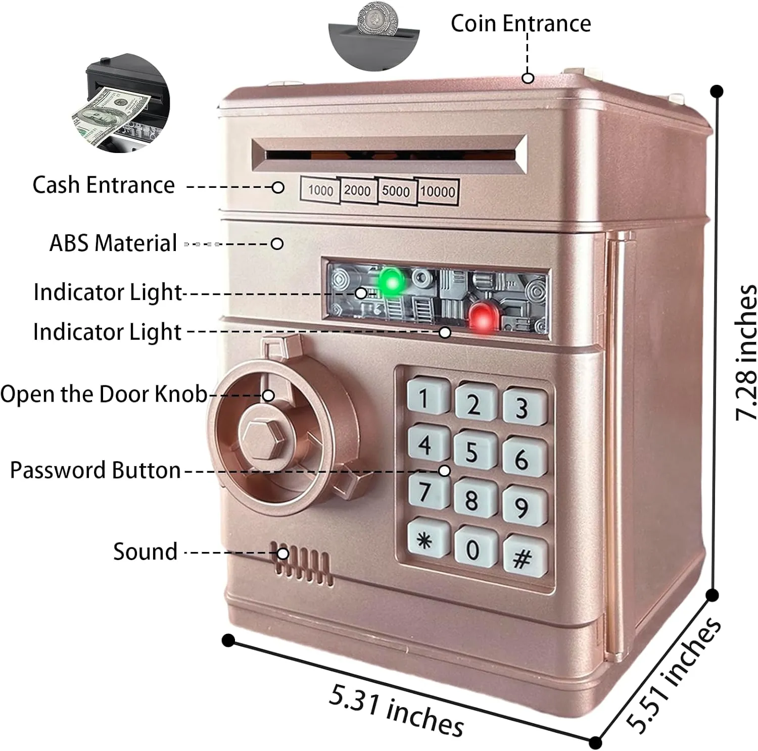 Piggy Bank Electronic Mini ATM for Kids,Money Safe Box Cash Coin Can Password Code Lock for Kids-Hot Gift,Best Present for Children Boys Girls (Rose Gold)
