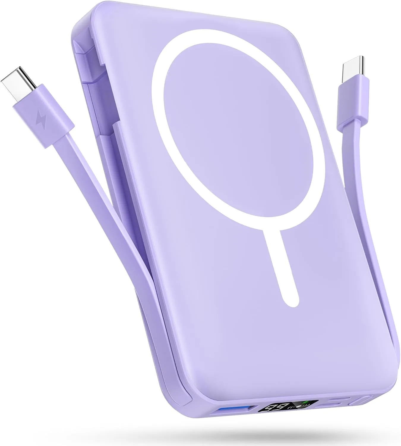 podoru for Magsafe Battery Pack, 10000mAh Magnetic Power Bank Built-in Double USB-C Cables 22.5W PD Fast Charging LED Display Wireless Portable Charger for iPhone 16/15/14/13/12/ All Series-Purple