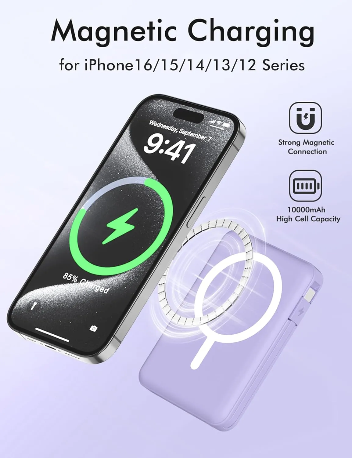 podoru for Magsafe Battery Pack, 10000mAh Magnetic Power Bank Built-in Double USB-C Cables 22.5W PD Fast Charging LED Display Wireless Portable Charger for iPhone 16/15/14/13/12/ All Series-Purple