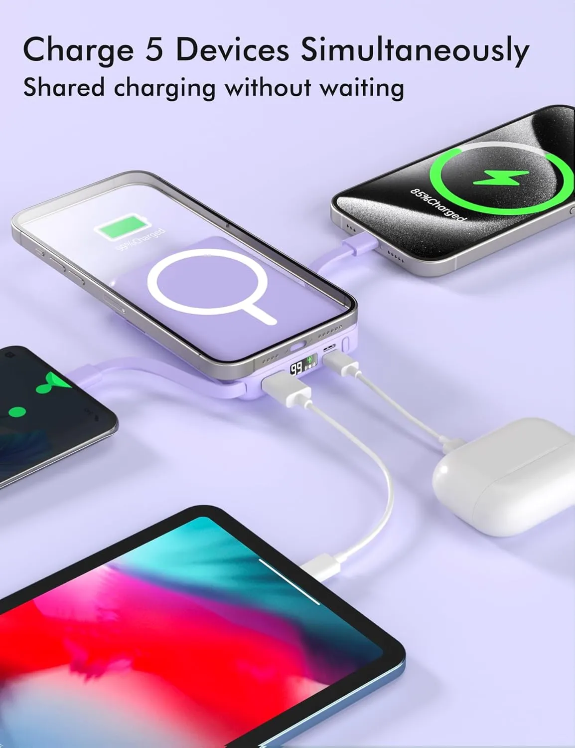 podoru for Magsafe Battery Pack, 10000mAh Magnetic Power Bank Built-in Double USB-C Cables 22.5W PD Fast Charging LED Display Wireless Portable Charger for iPhone 16/15/14/13/12/ All Series-Purple