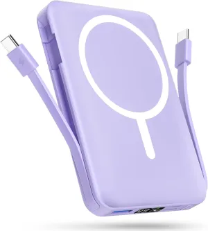 podoru for Magsafe Battery Pack, 10000mAh Magnetic Power Bank Built-in Double USB-C Cables 22.5W PD Fast Charging LED Display Wireless Portable Charger for iPhone 16/15/14/13/12/ All Series-Purple