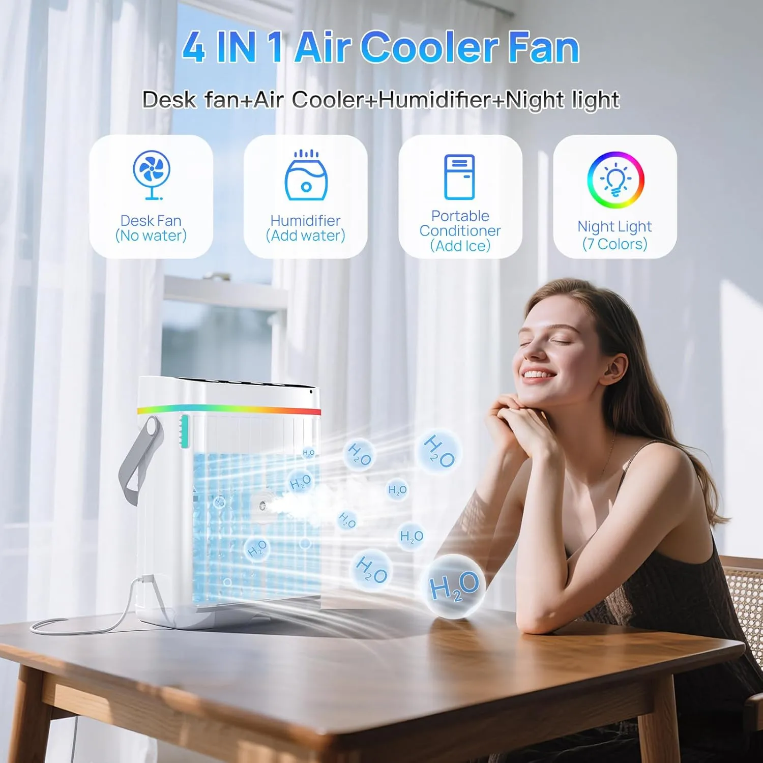 Portable Air Conditioners,1200ML Cooling fan Mini Air Conditioner with Remote Control,3 Wind Speed & 7 LED Light,3 Cool Mist& 1-3H Timer,Personal Air Conditioner Evaporative Air Cooler for Room/Office