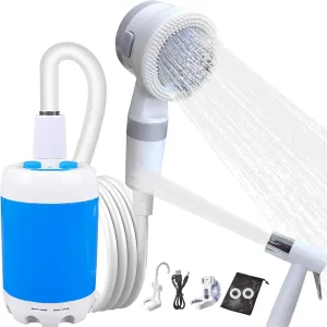 Portable Camping Shower with Rechargeable Pump – Adjustable Water Flow, Built-in Cleaning Brush, 60 Min Battery Life, USB Charging, Lightweight & Compact for Camping, Hiking, Beach & Pet Bathing