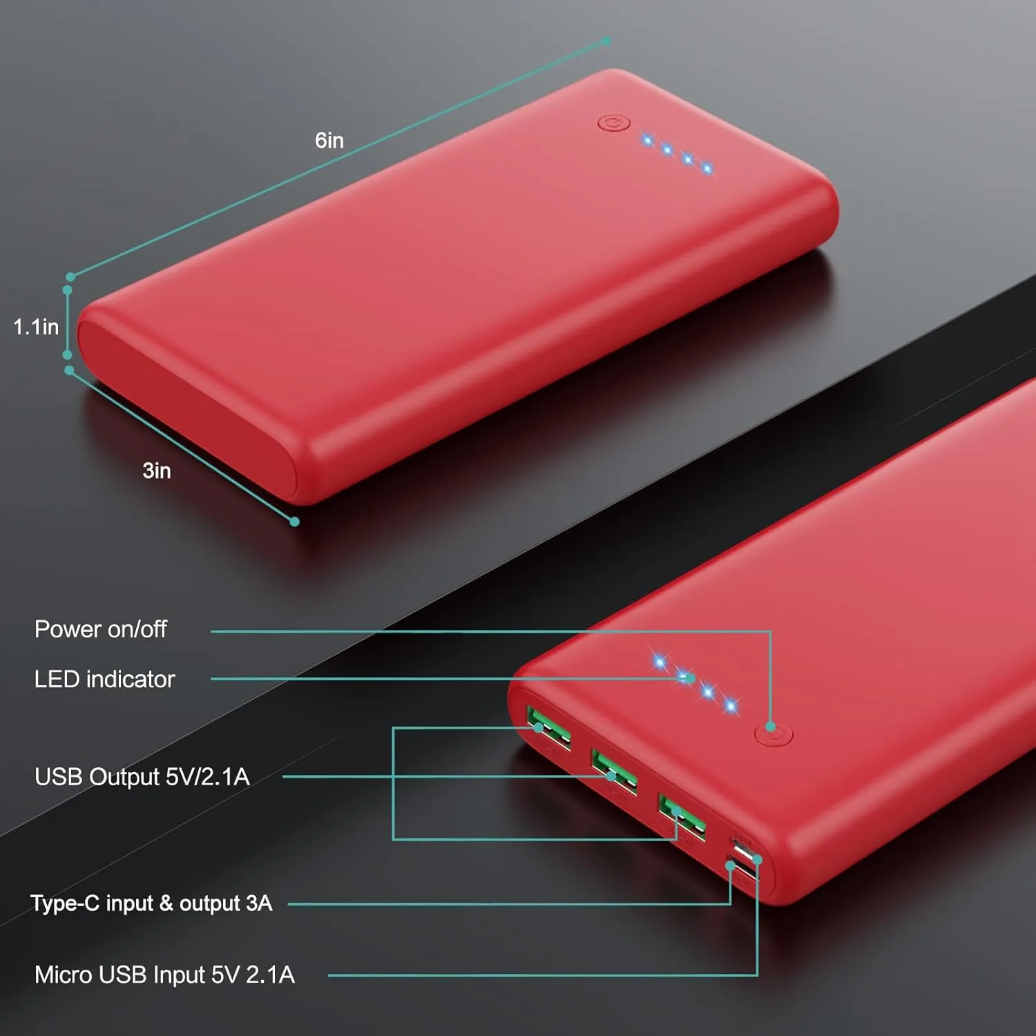 Portable Charger 36800mAh,4 Outputs Power Bank, Dual Input 5V/3A External Battery Pack,USB-C in&out High-Speed Charging Backup Charger Compatible with iPhone 16/15/14,Samsung S23 Android Phone etc-Red