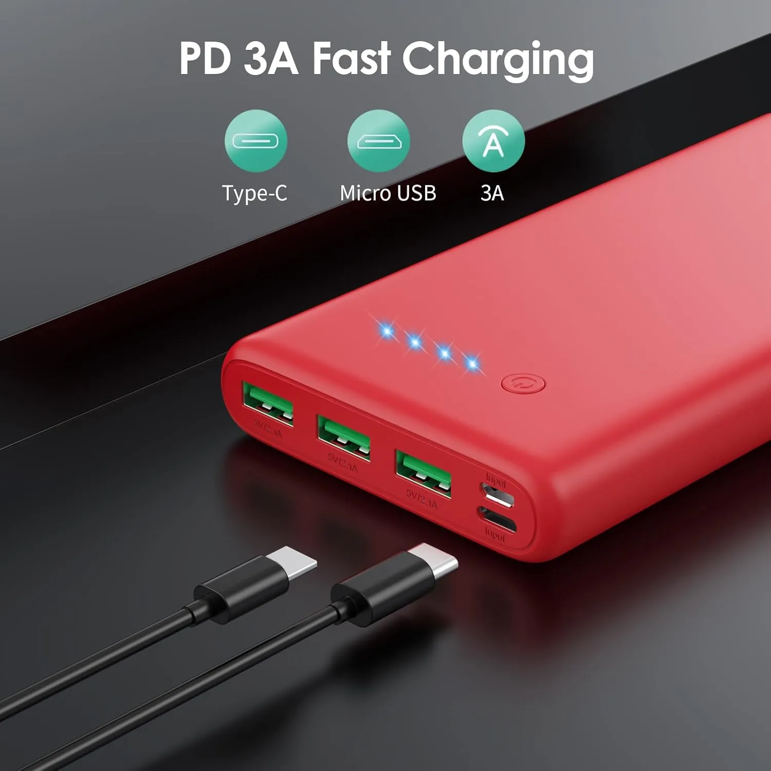 Portable Charger 36800mAh,4 Outputs Power Bank, Dual Input 5V/3A External Battery Pack,USB-C in&out High-Speed Charging Backup Charger Compatible with iPhone 16/15/14,Samsung S23 Android Phone etc-Red