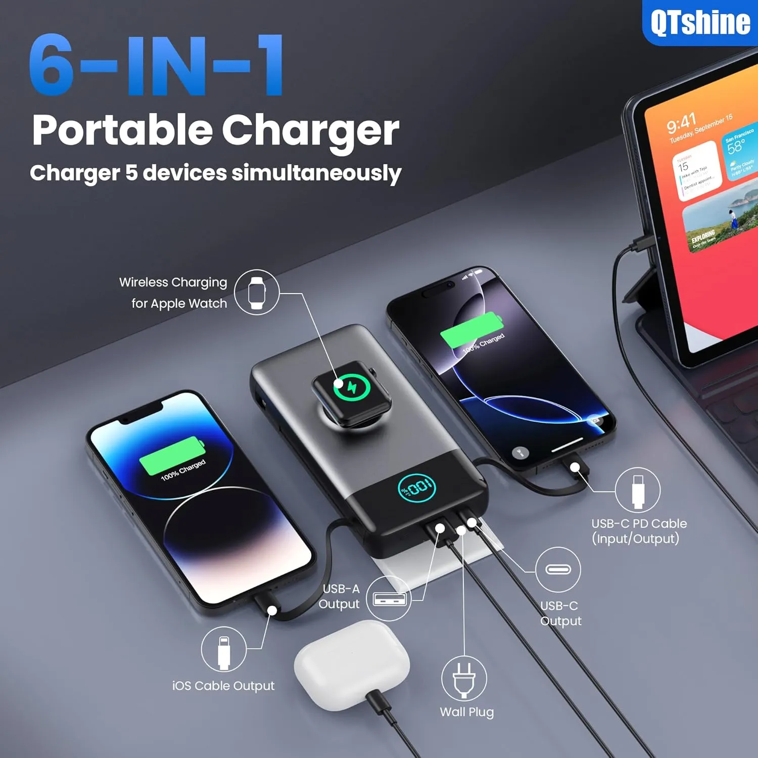 Portable Charger 40800mAh Power Bank with Built-in Cables,Wall Plug and iWatch Charger,6-IN-1 QC4.0 25W PD USB C Fast Phone Charging,LCD Display Battery Pack for iPhone 16/15/14,Apple Watch,Galaxy etc