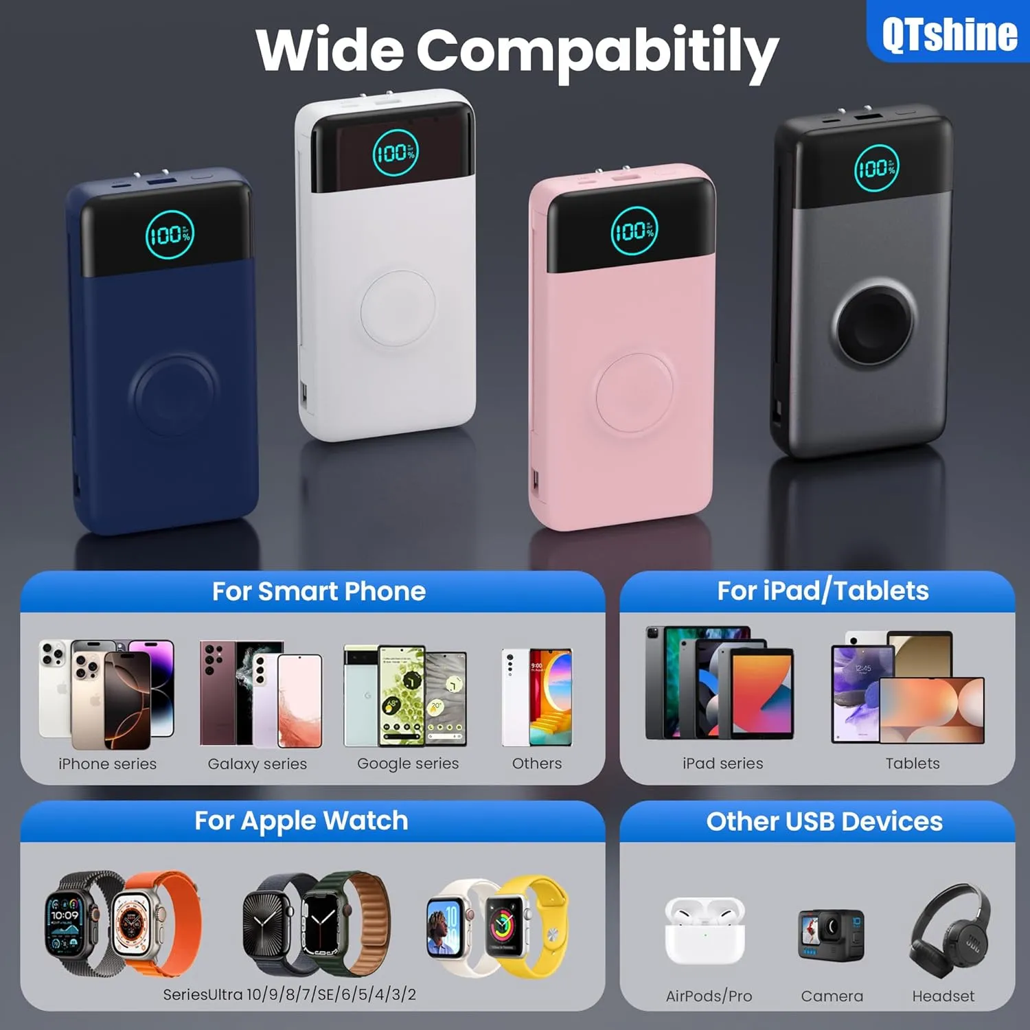 Portable Charger 40800mAh Power Bank with Built-in Cables,Wall Plug and iWatch Charger,6-IN-1 QC4.0 25W PD USB C Fast Phone Charging,LCD Display Battery Pack for iPhone 16/15/14,Apple Watch,Galaxy etc
